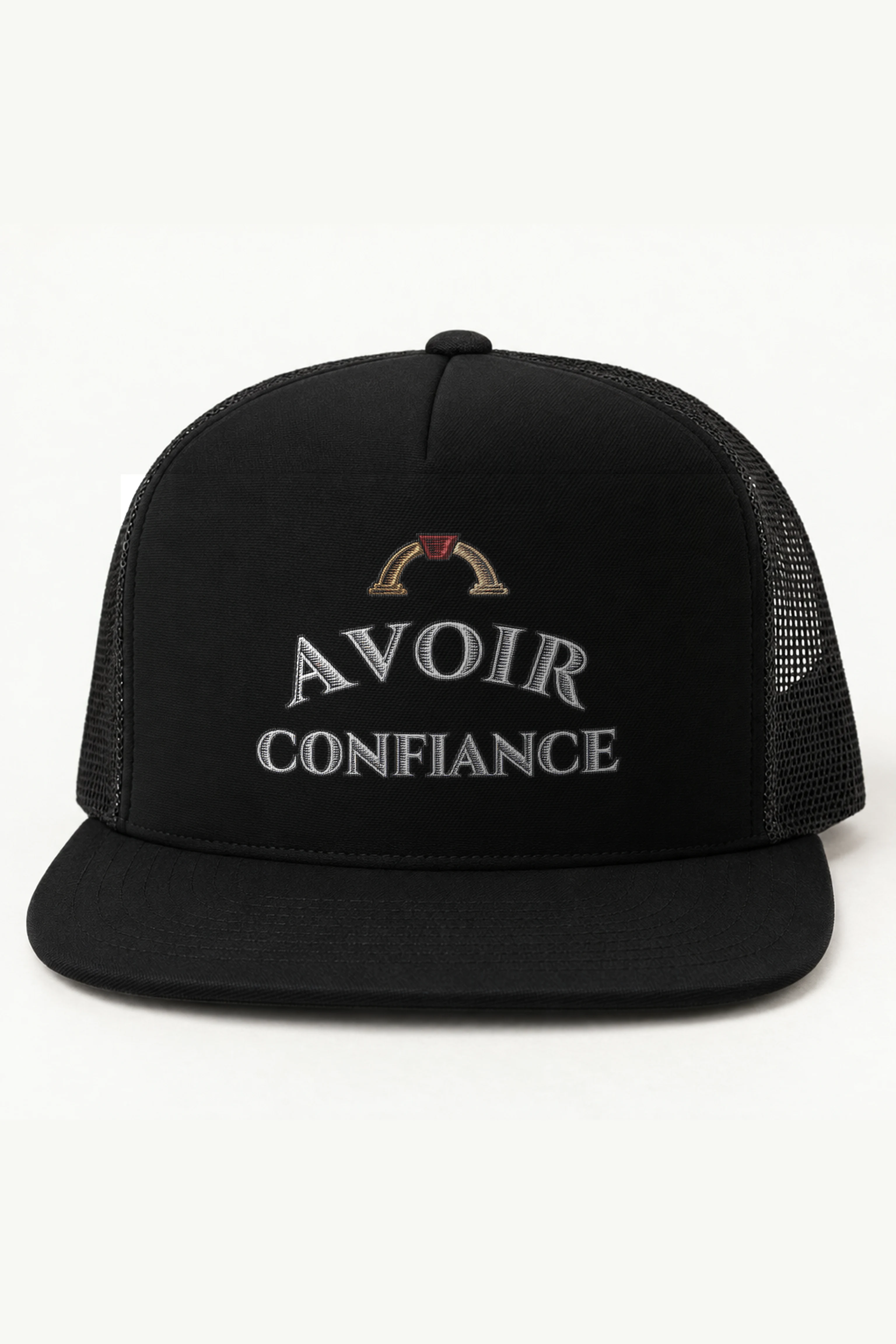 "AVOIR CONFIANCE" 5 Panel Trucker Cap · Embroidered