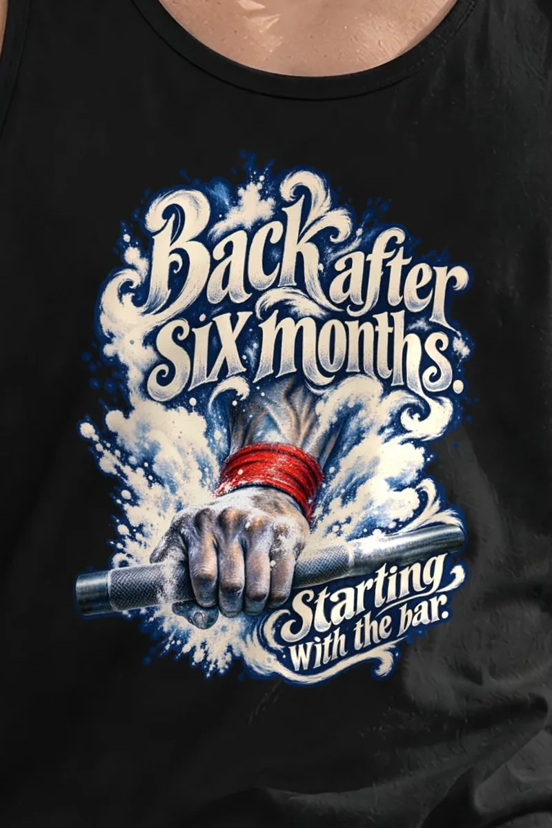 "Back After Six Months" Unisex Jersey Tank - the graphic up close