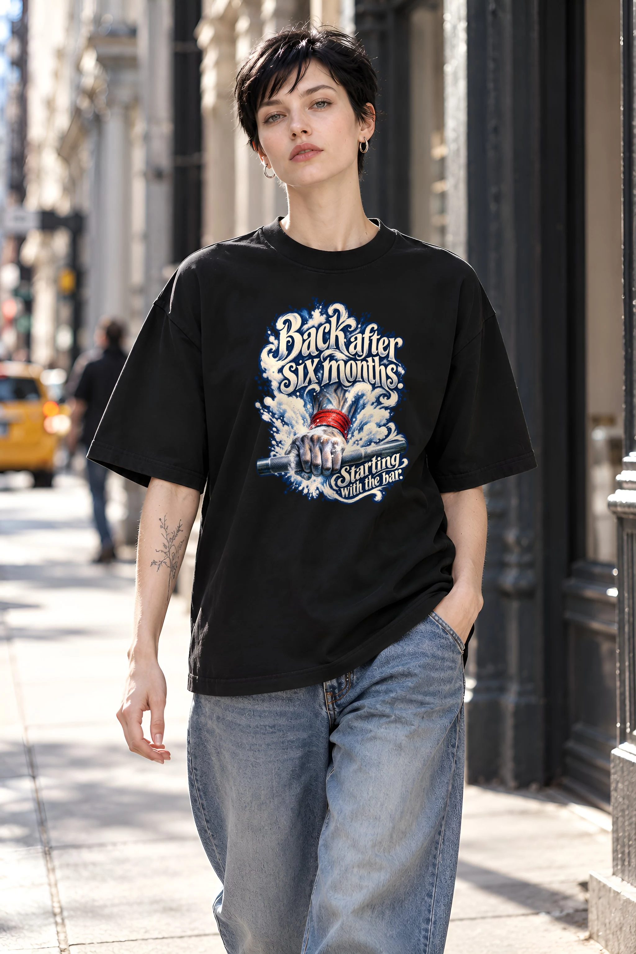 "Back After Six Months" Unisex Oversized Heavyweight Crewneck T-Shirt