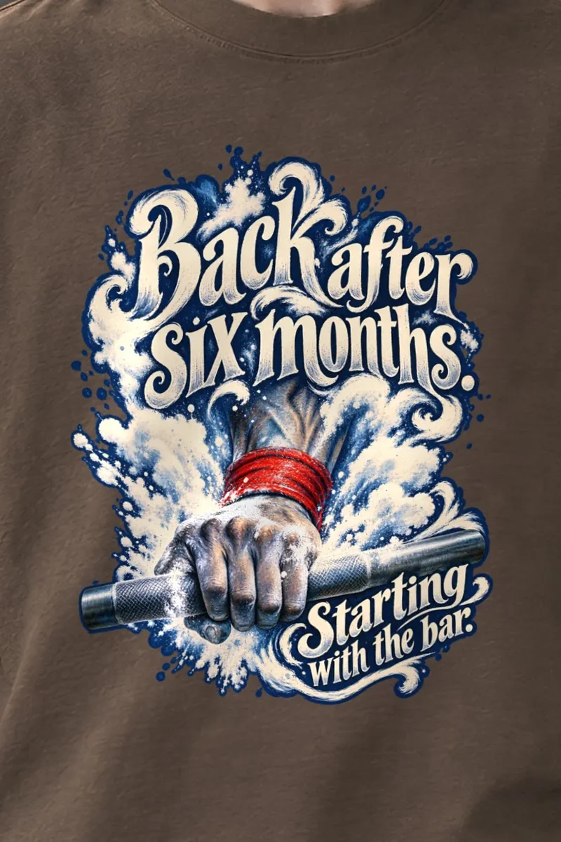 "Back After Six Months" Unisex Oversized Heavyweight Crewneck T-Shirt - the graphic up close