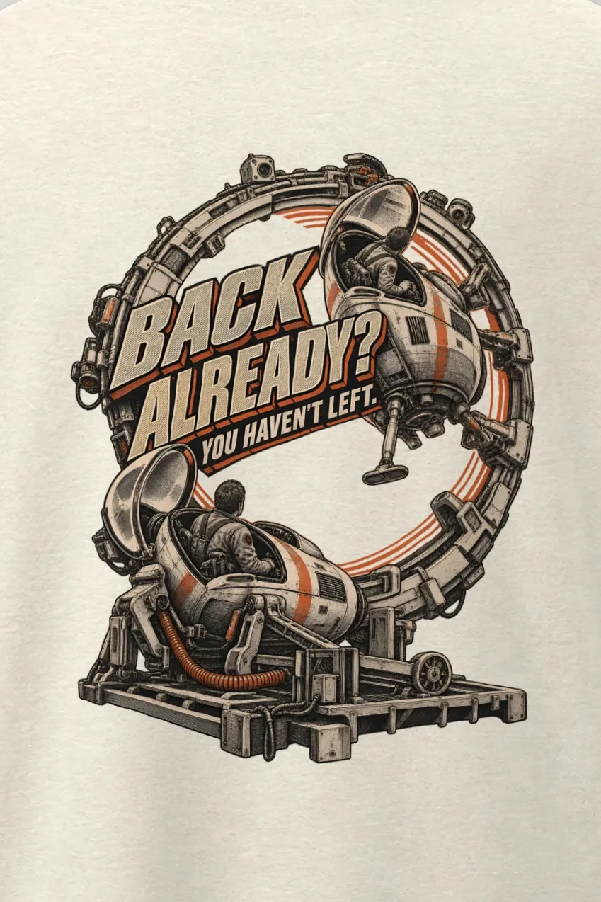 "Back Already?" Men’s Oversized Heavyweight Crewneck T-Shirt - the graphic up close