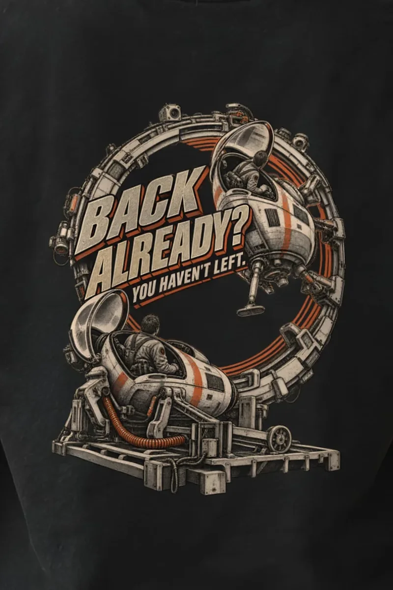"Back Already? You Haven’t Left" Heavyweight Unisex Crewneck T-shirt - the graphic up close