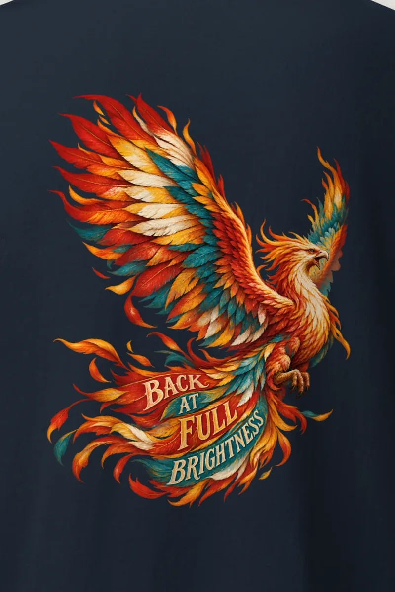 "Back at Full Brightness" Heavyweight Unisex Crewneck T-shirt - the graphic up close