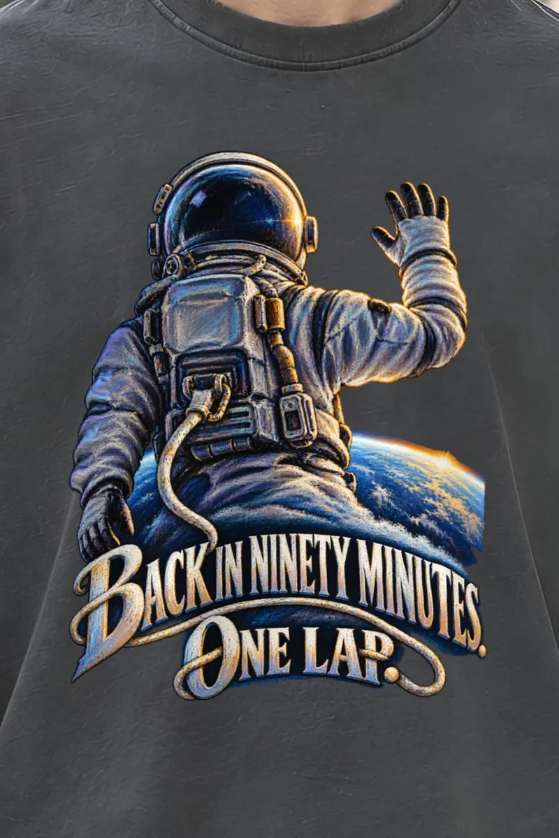 "Back In Ninety Minutes" Unisex Oversized Heavyweight Crewneck T-Shirt - the graphic up close