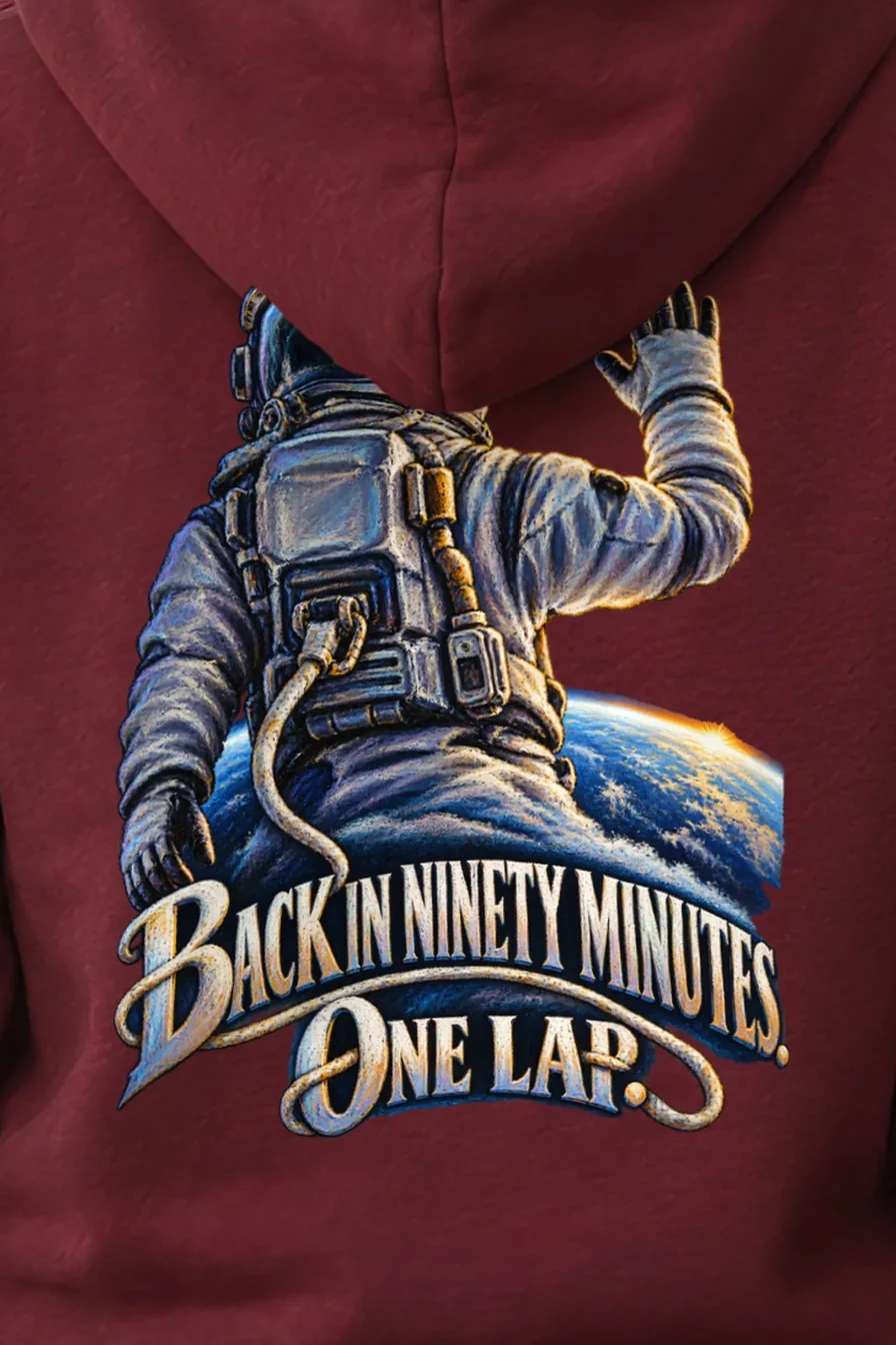 "Back In Ninety Minutes" Unisex Pullover Hoodie - the graphic up close