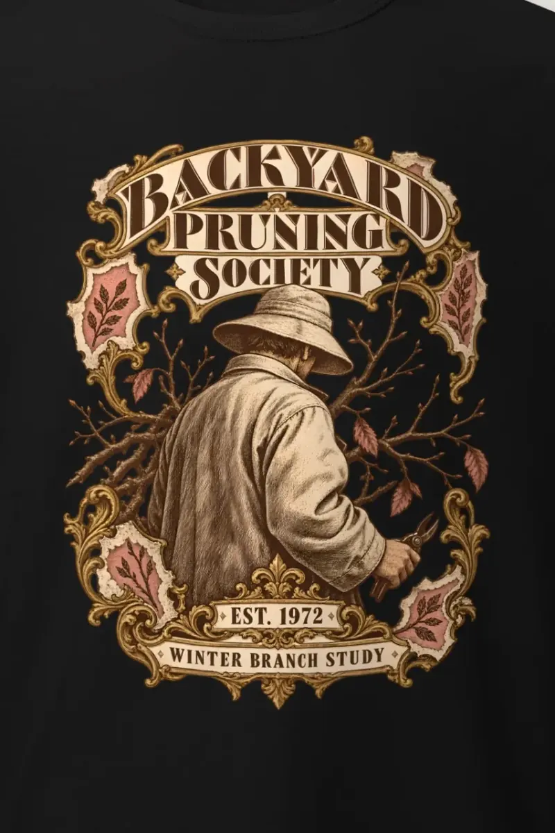 "Backyard Pruning Society" Heavyweight Unisex Crewneck T-shirt - the graphic up close