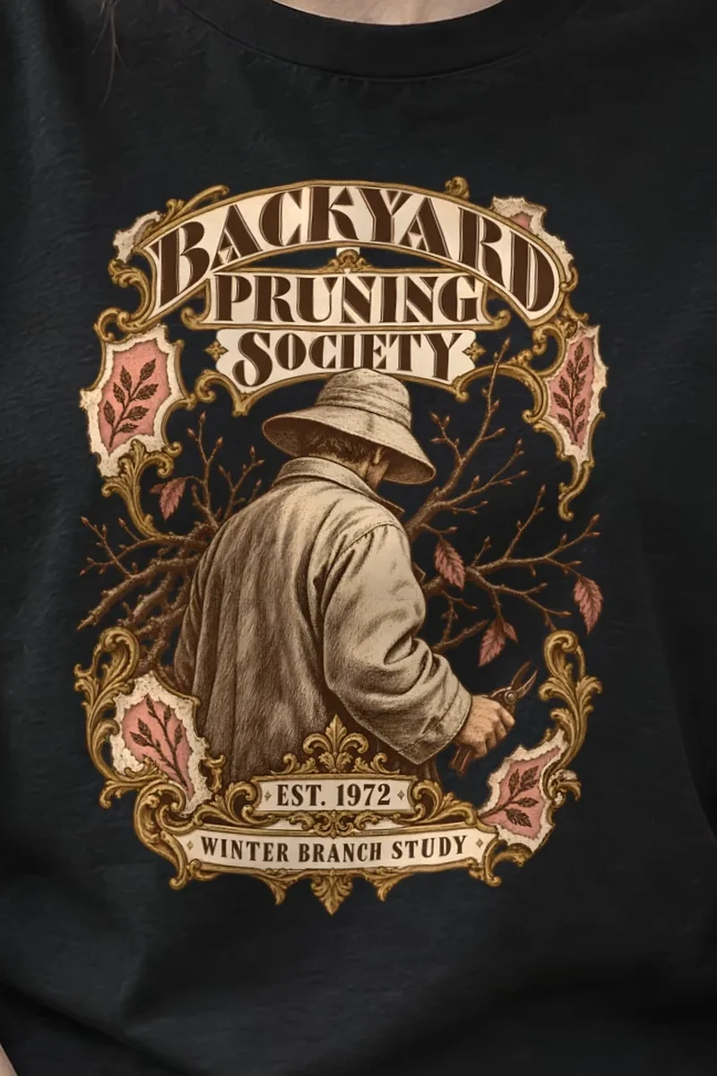 "Backyard Pruning Society" Heavyweight Unisex Crewneck T-shirt - the graphic up close