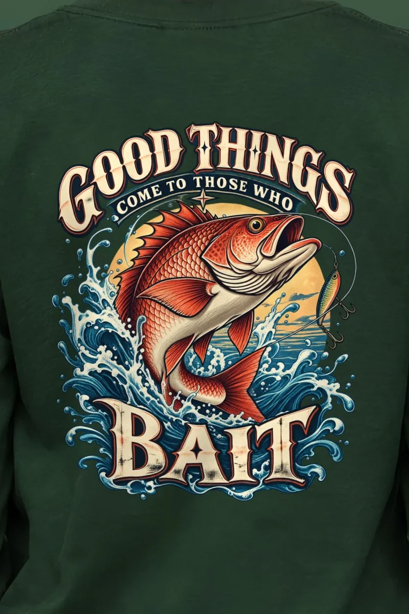 "Bait Brings Good Things" Unisex Longsleeve T-shirt - the graphic up close