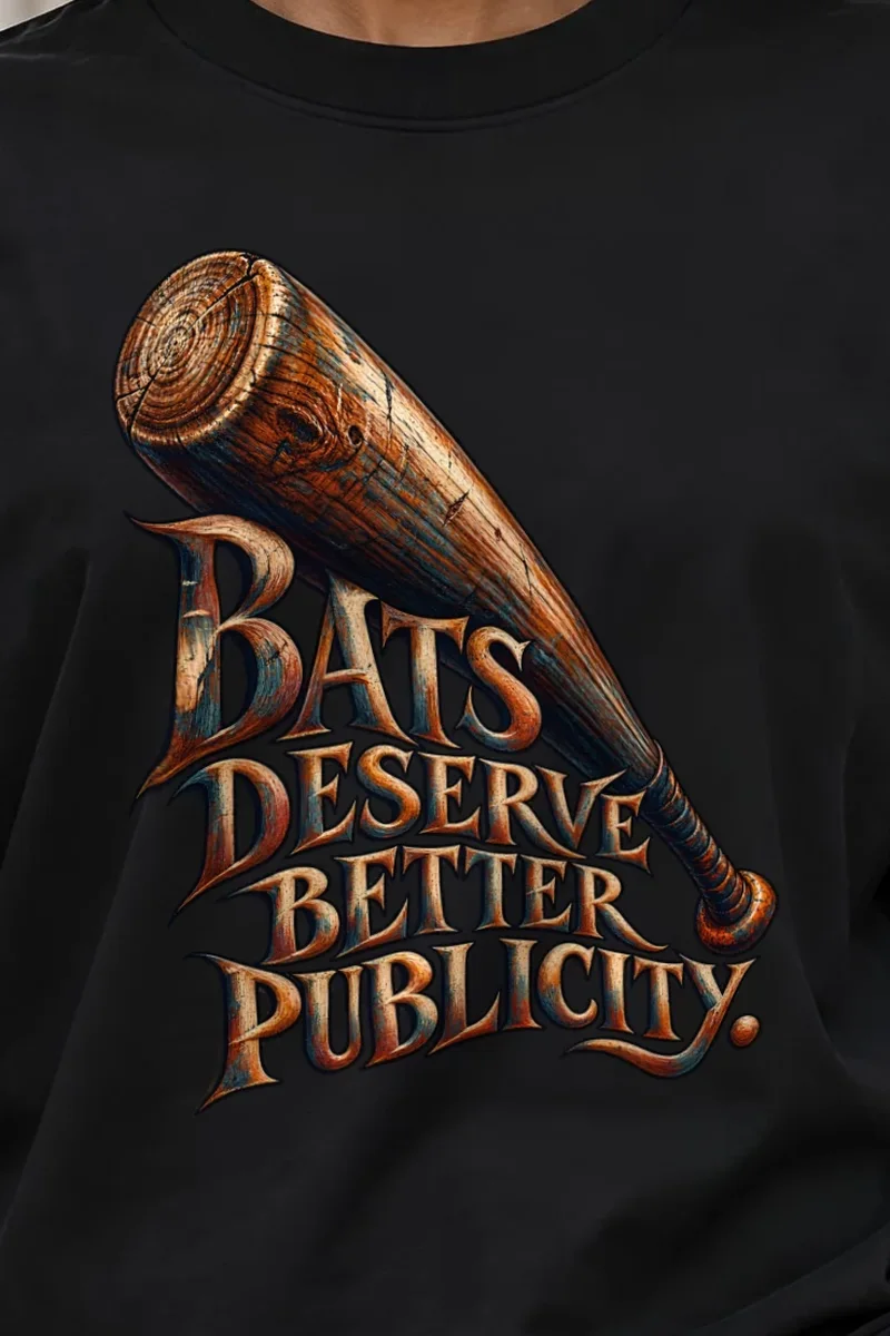 "Bats Deserve Better Publicity" Unisex Oversized Heavyweight Crewneck T-Shirt - the graphic up close