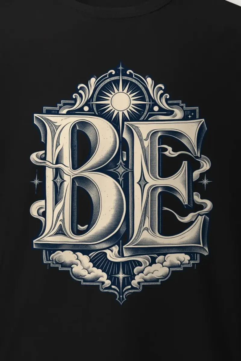 "BE" Heavyweight Unisex Crewneck T-shirt - the graphic up close