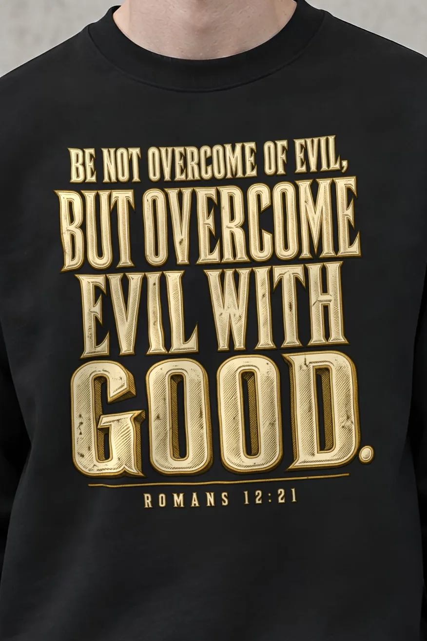 "Be Not Overcome of Evil" Heavy Blend Unisex Crewneck Sweatshirt - the graphic up close