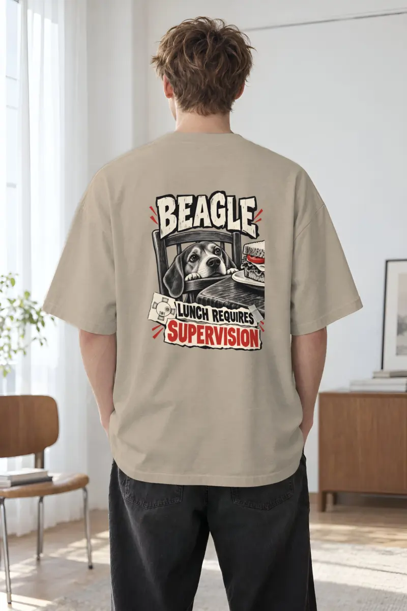 “Beagle Lunch Requires Supervision” Men’s Oversized Heavyweight Crewneck T-Shirt