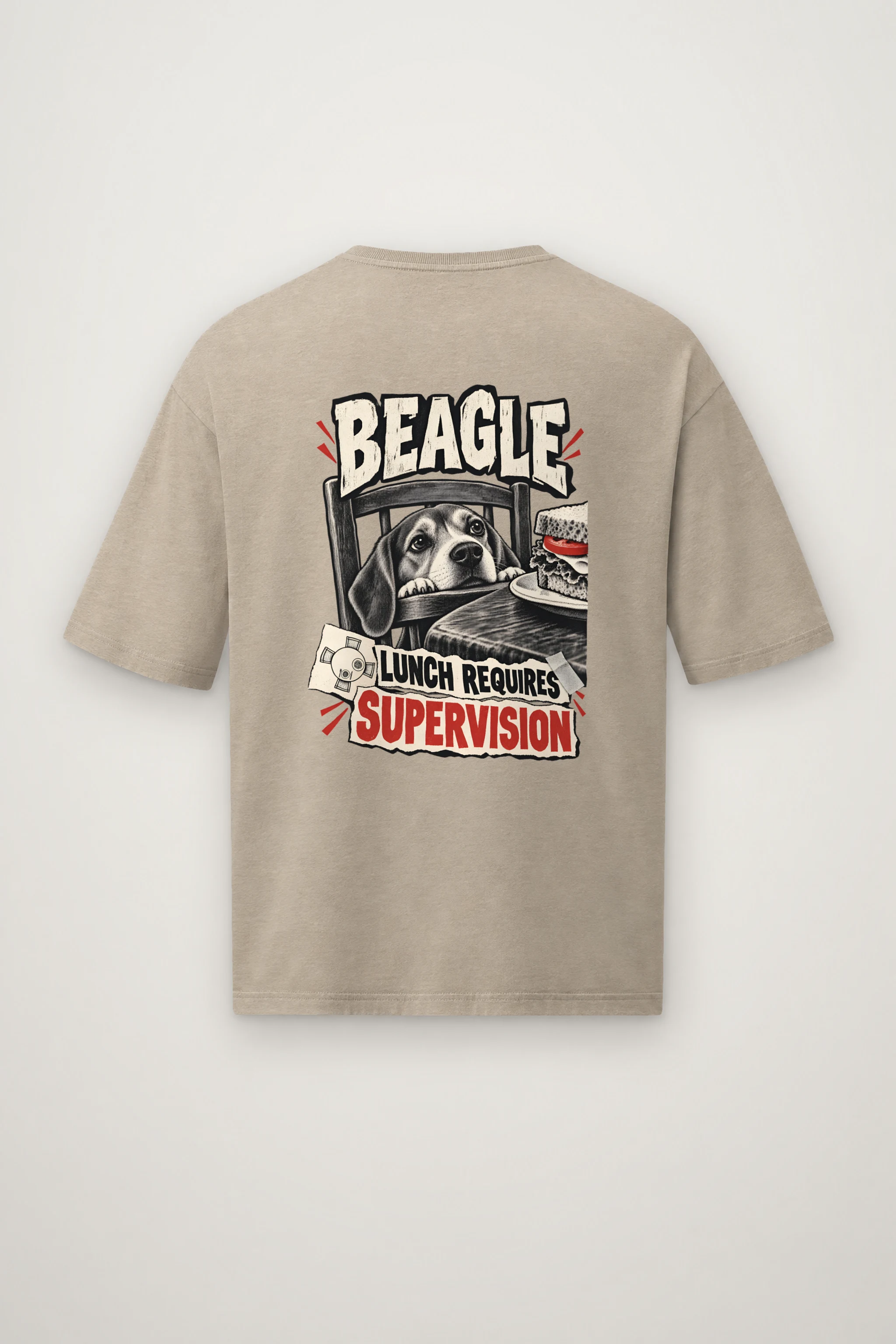 "Beagle Lunch Requires Supervision" Men's Oversized Heavyweight Crewneck T-Shirt