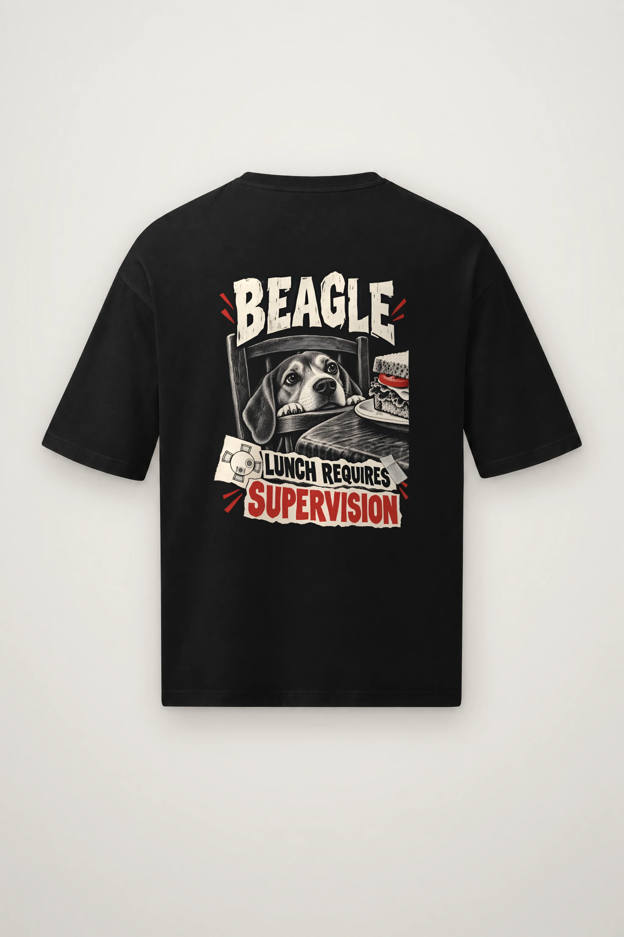"Beagle Lunch Requires Supervision" Men's Oversized Heavyweight Crewneck T-Shirt