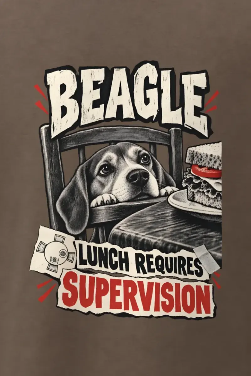 "Beagle Lunch Requires Supervision" Men’s Oversized Heavyweight Crewneck T-Shirt - the graphic up close