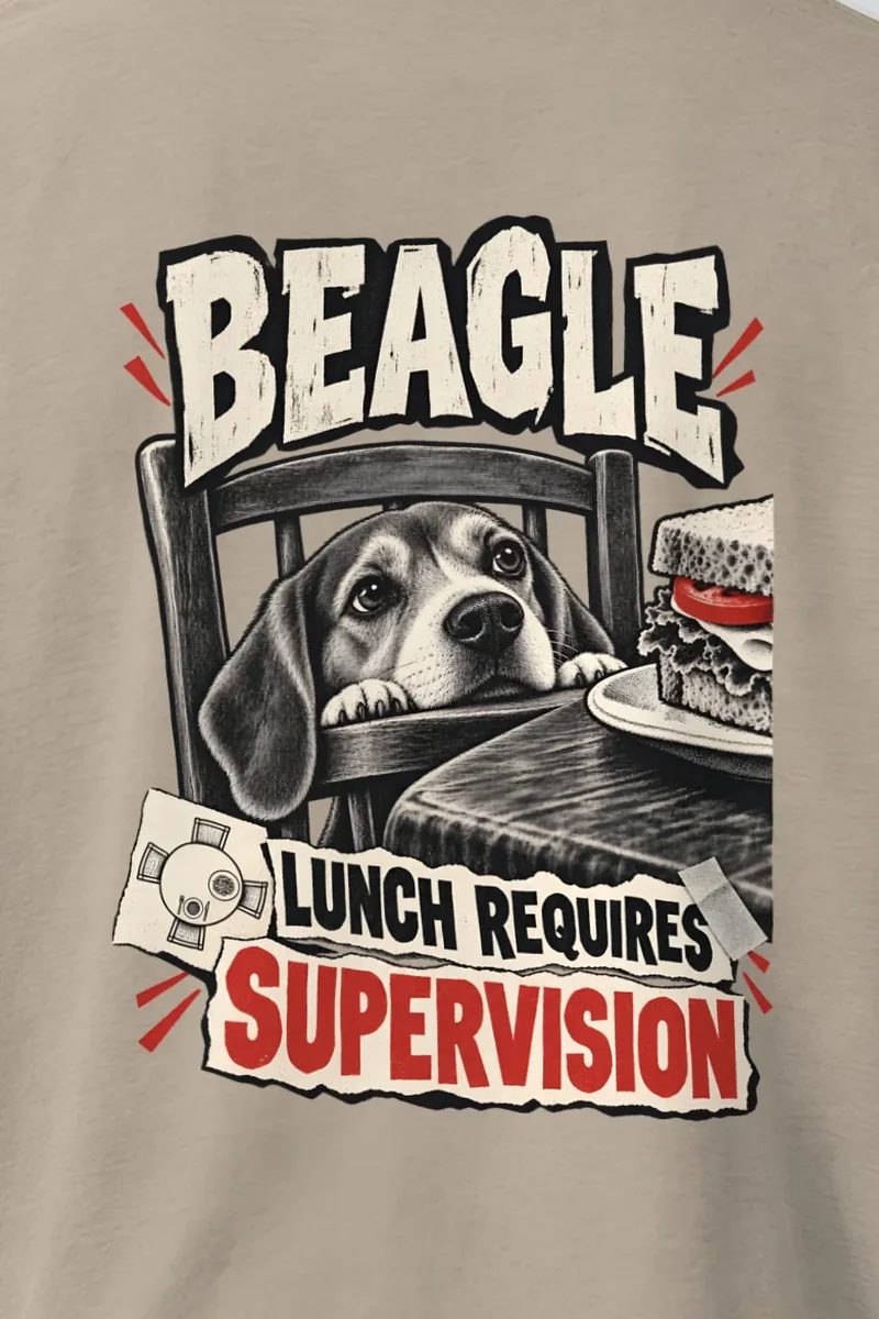 "Beagle Lunch Requires Supervision" Men’s Oversized Heavyweight Crewneck T-Shirt - the graphic up close