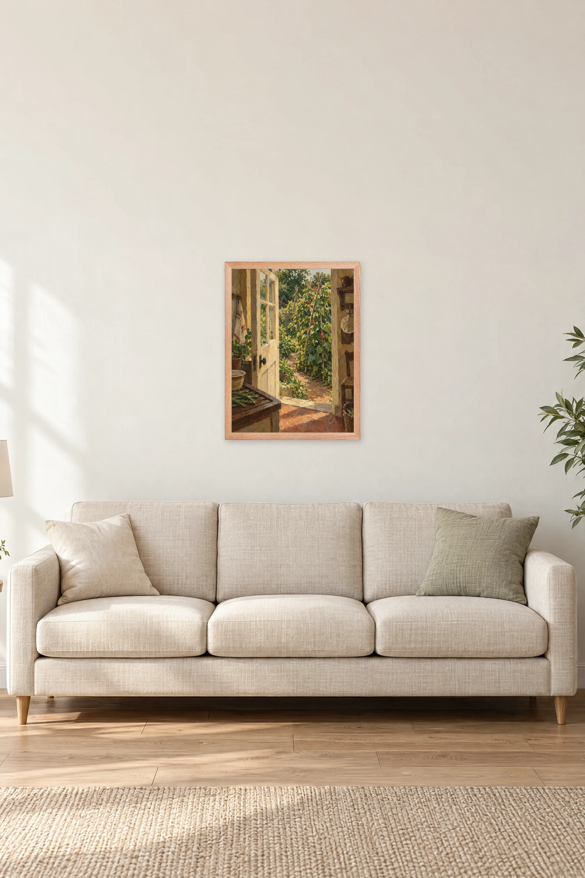 "Bean Garden Kitchen Door" Premium Wooden Framed Poster — Natural Wood frame, 18 × 24 in