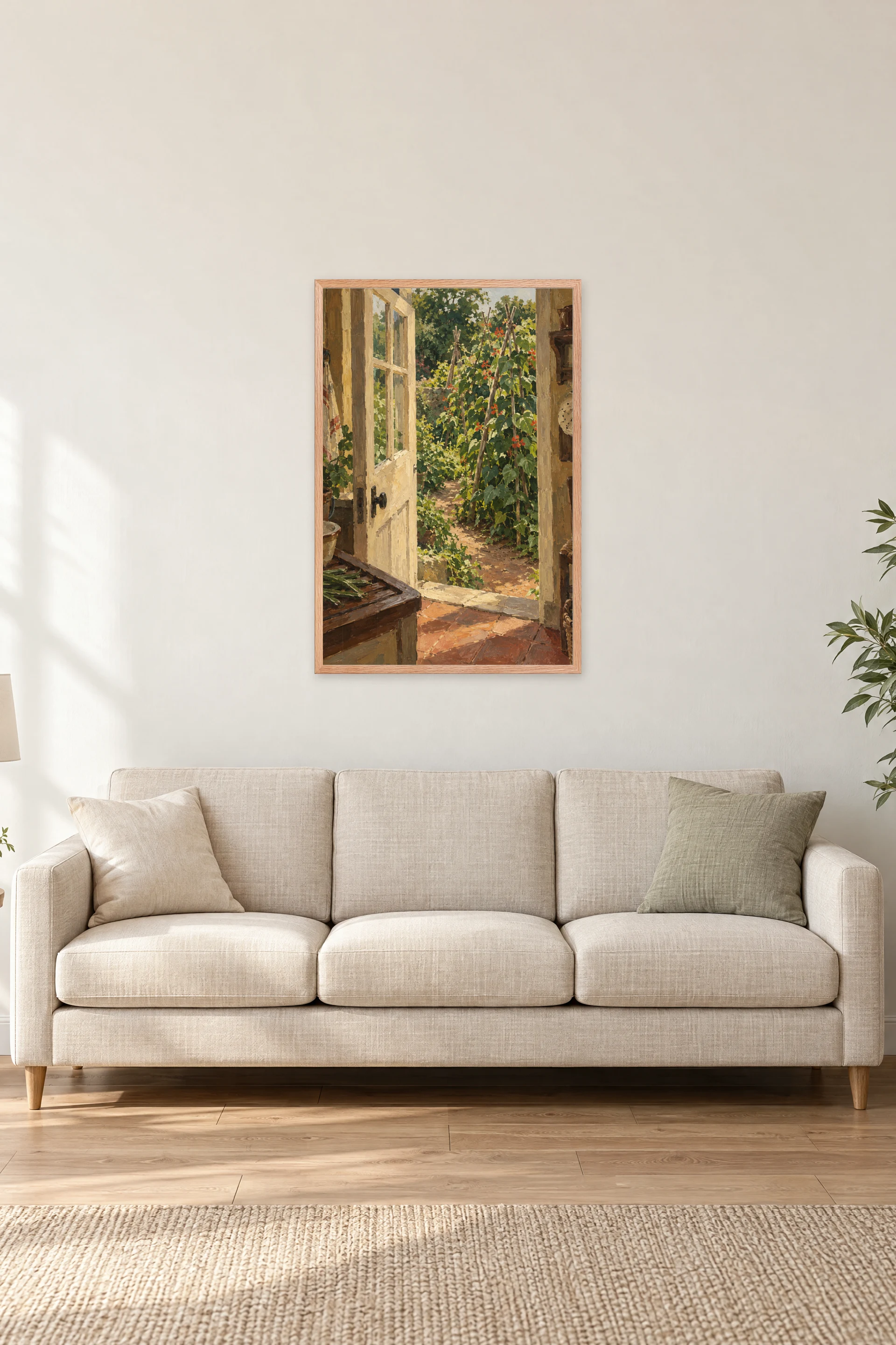 "Bean Garden Kitchen Door" Premium Wooden Framed Poster — Natural Wood frame, 24 × 36 in