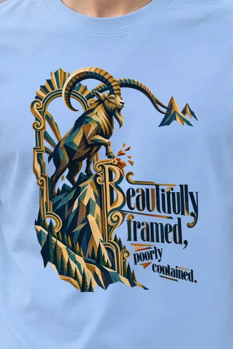 "Beautifully Framed, Poorly Contained" Heavyweight Unisex Crewneck T-shirt - the graphic up close