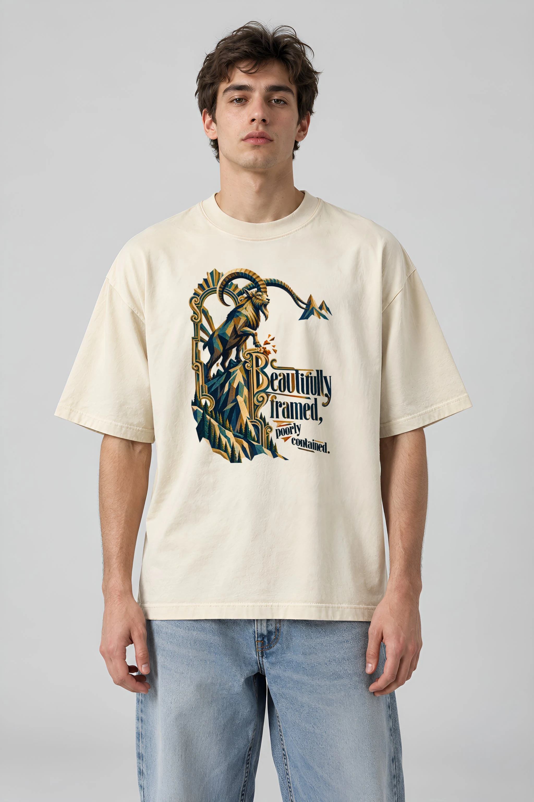 "Beautifully Framed, Poorly Contained" Unisex Oversized Heavyweight Crewneck T-Shirt