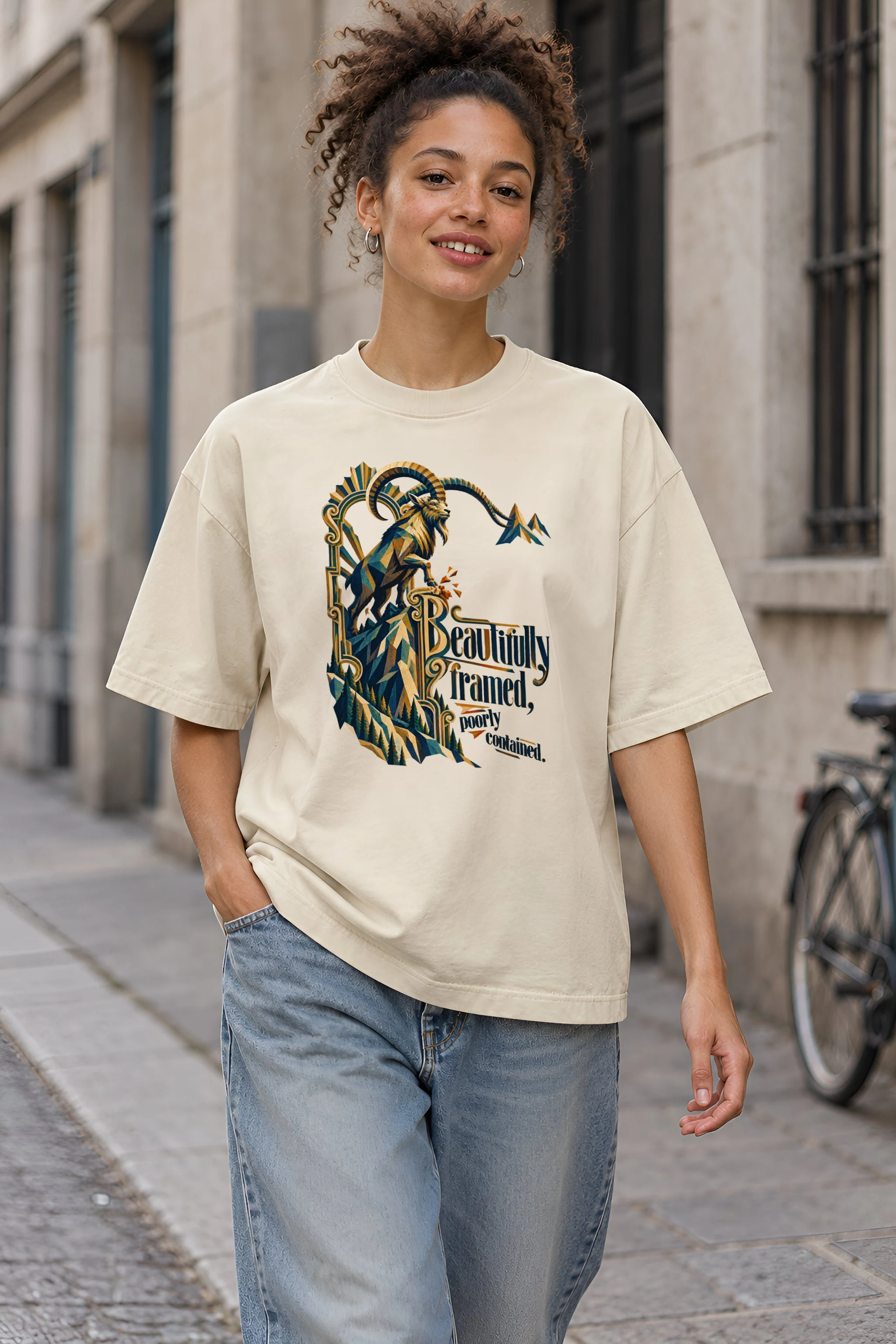 "Beautifully Framed, Poorly Contained" Unisex Oversized Heavyweight Crewneck T-Shirt