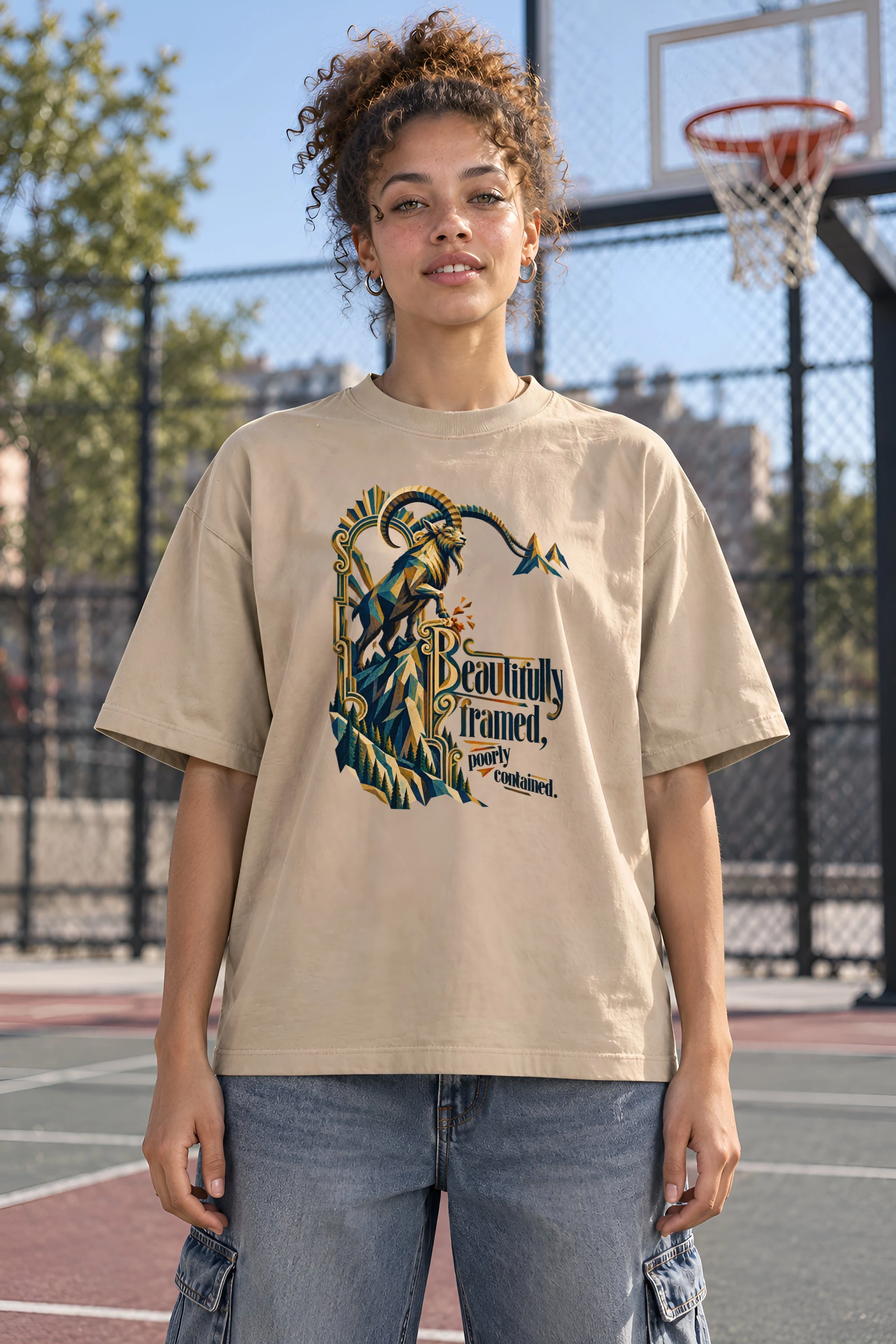 "Beautifully Framed, Poorly Contained" Unisex Oversized Heavyweight Crewneck T-Shirt