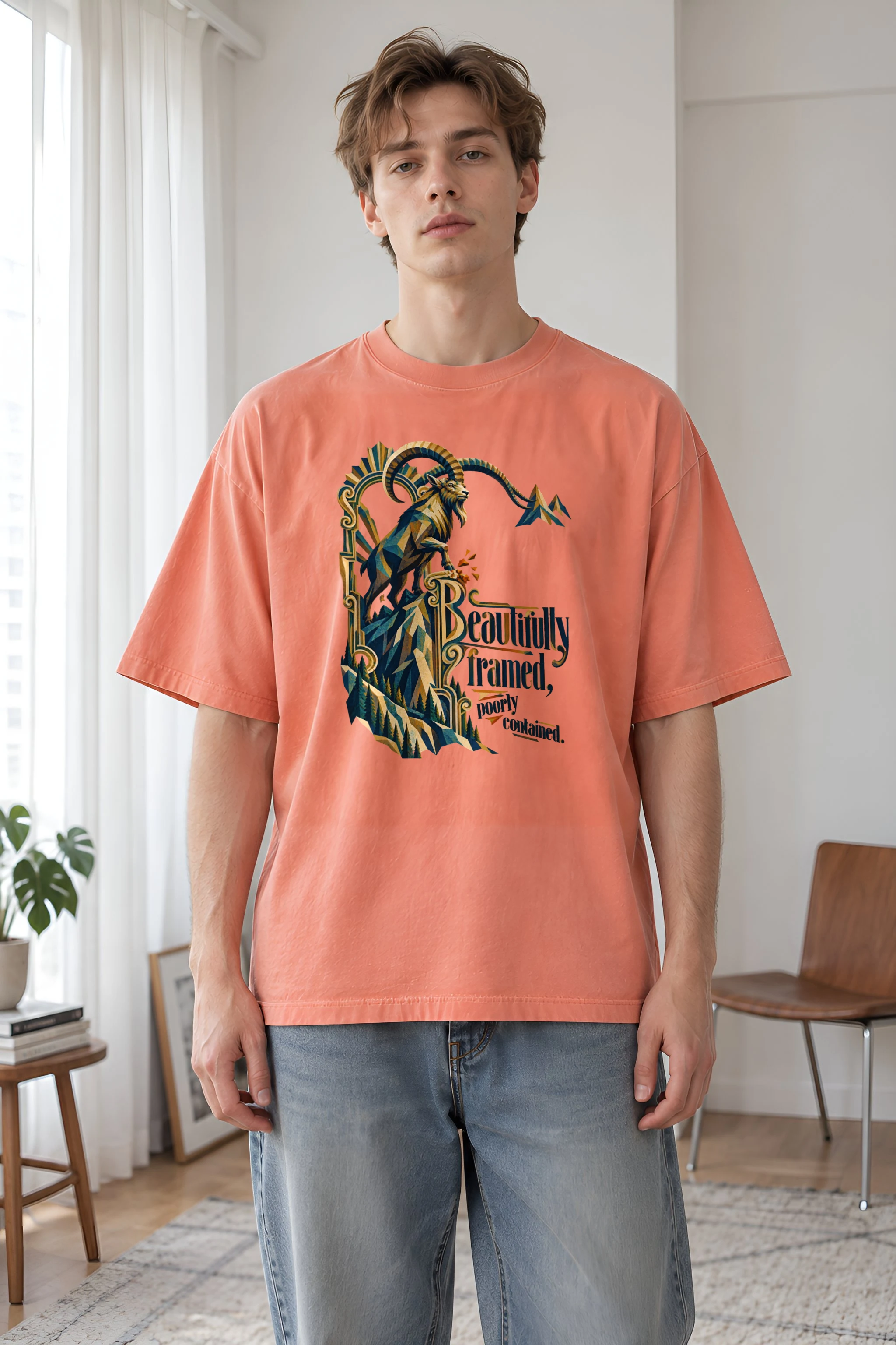 "Beautifully Framed, Poorly Contained" Unisex Oversized Heavyweight Crewneck T-Shirt