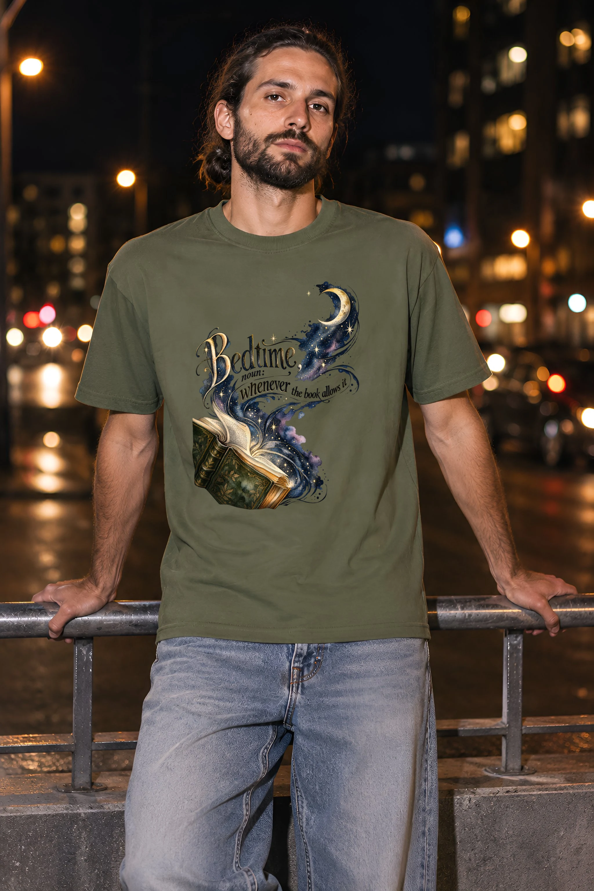"Bedtime Book And Moon" Heavyweight Unisex Crewneck T-shirt