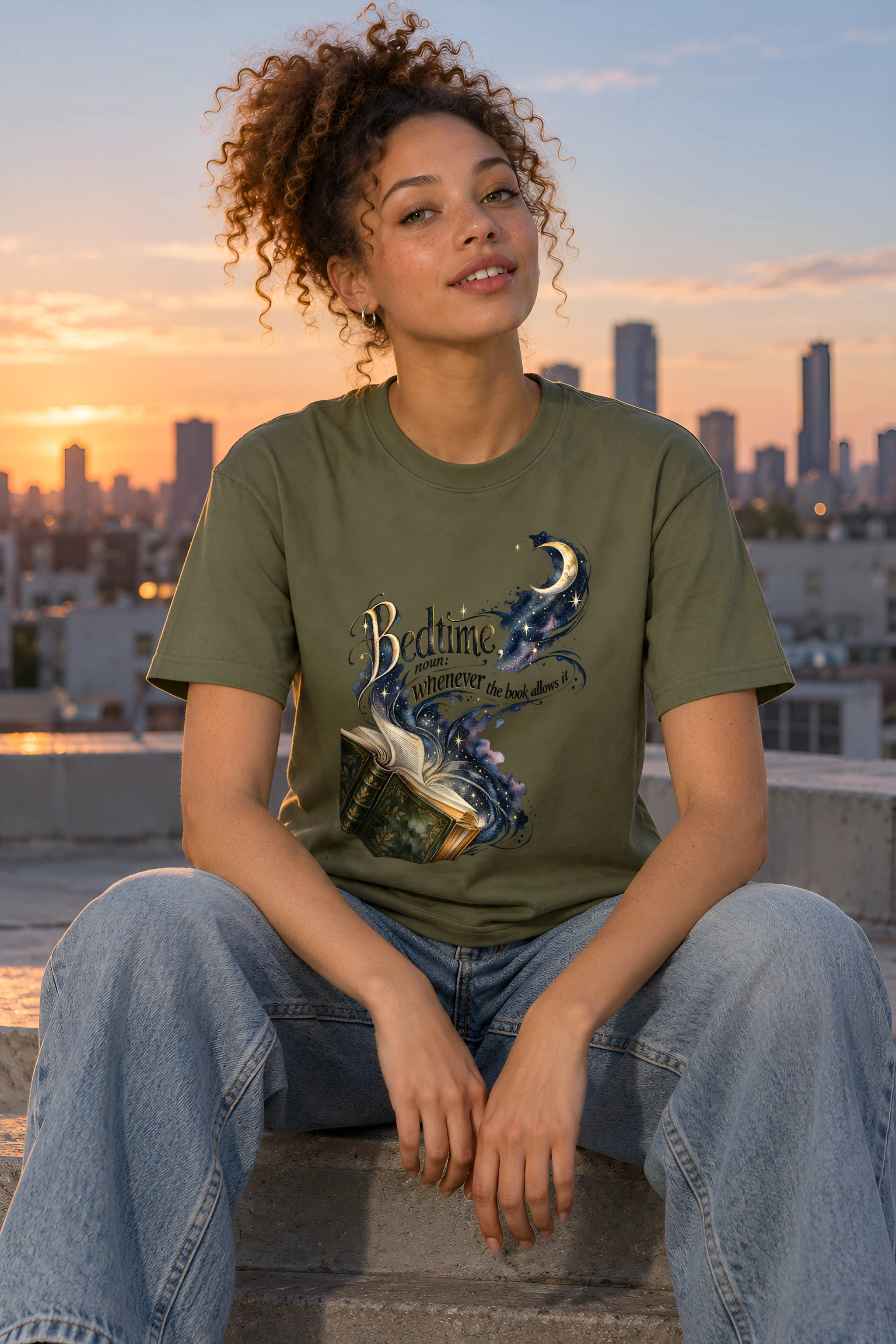 "Bedtime Book And Moon" Heavyweight Unisex Crewneck T-shirt