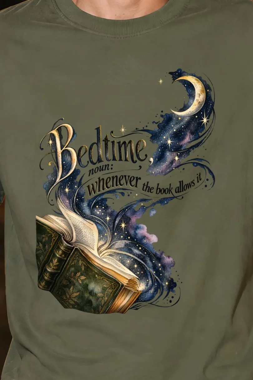 "Bedtime Book And Moon" Heavyweight Unisex Crewneck T-shirt - the graphic up close