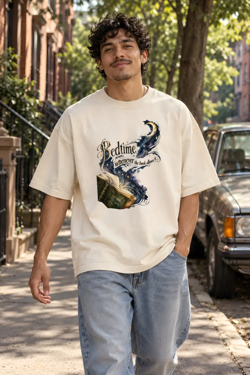 "Bedtime Book Moon" Unisex Oversized Heavyweight Crewneck T-Shirt