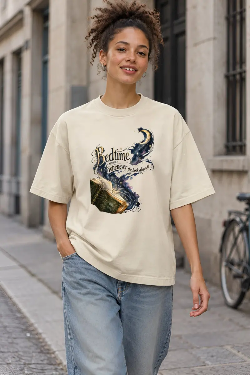 "Bedtime Book Moon" Unisex Oversized Heavyweight Crewneck T-Shirt