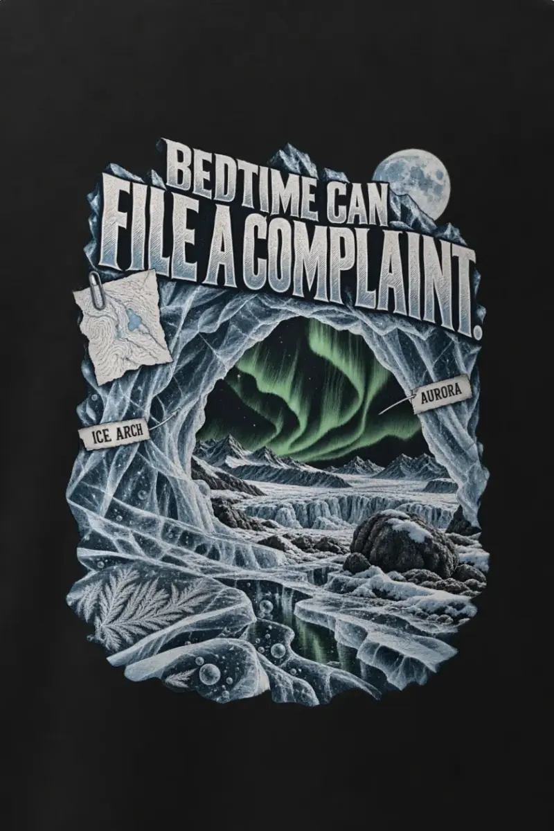 "Bedtime Can File a Complaint" Men’s Oversized Heavyweight Crewneck T-Shirt - the graphic up close