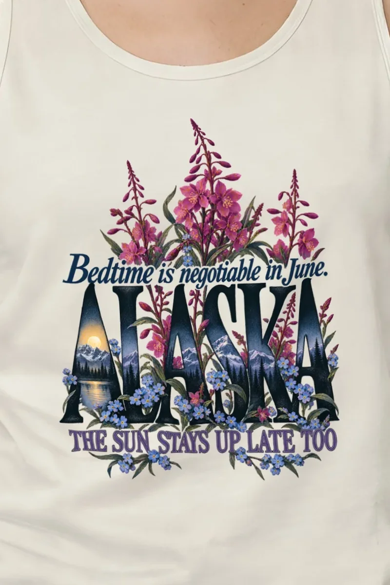 "Bedtime Is Negotiable in June" Unisex Jersey Tank - the graphic up close