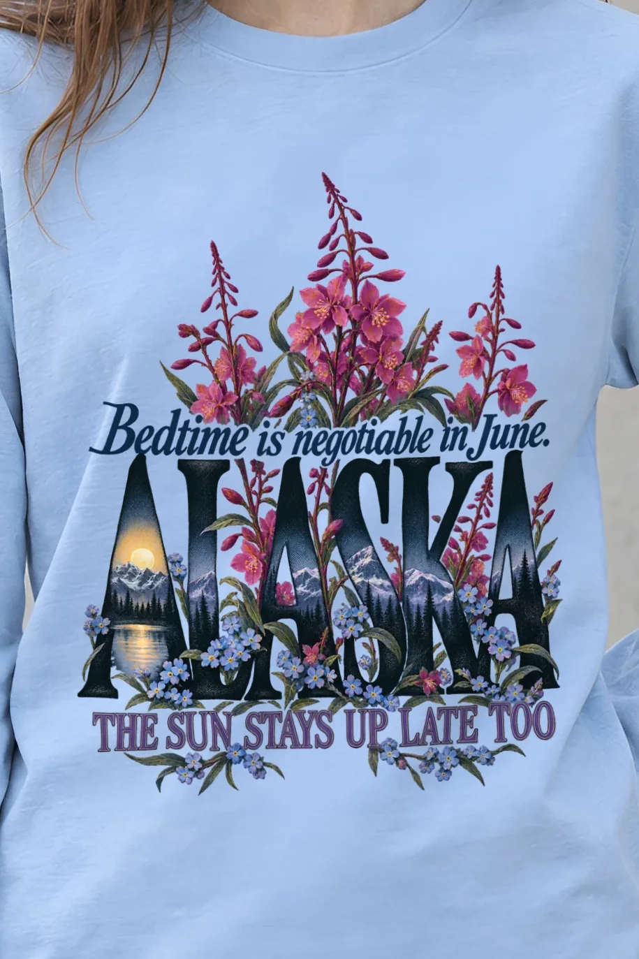 "Bedtime Is Negotiable in June" Unisex Longsleeve T-shirt - the graphic up close