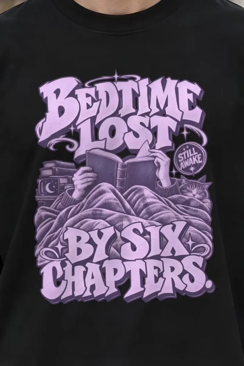 "Bedtime Lost" Men’s Oversized Heavyweight Crewneck T-Shirt - the graphic up close
