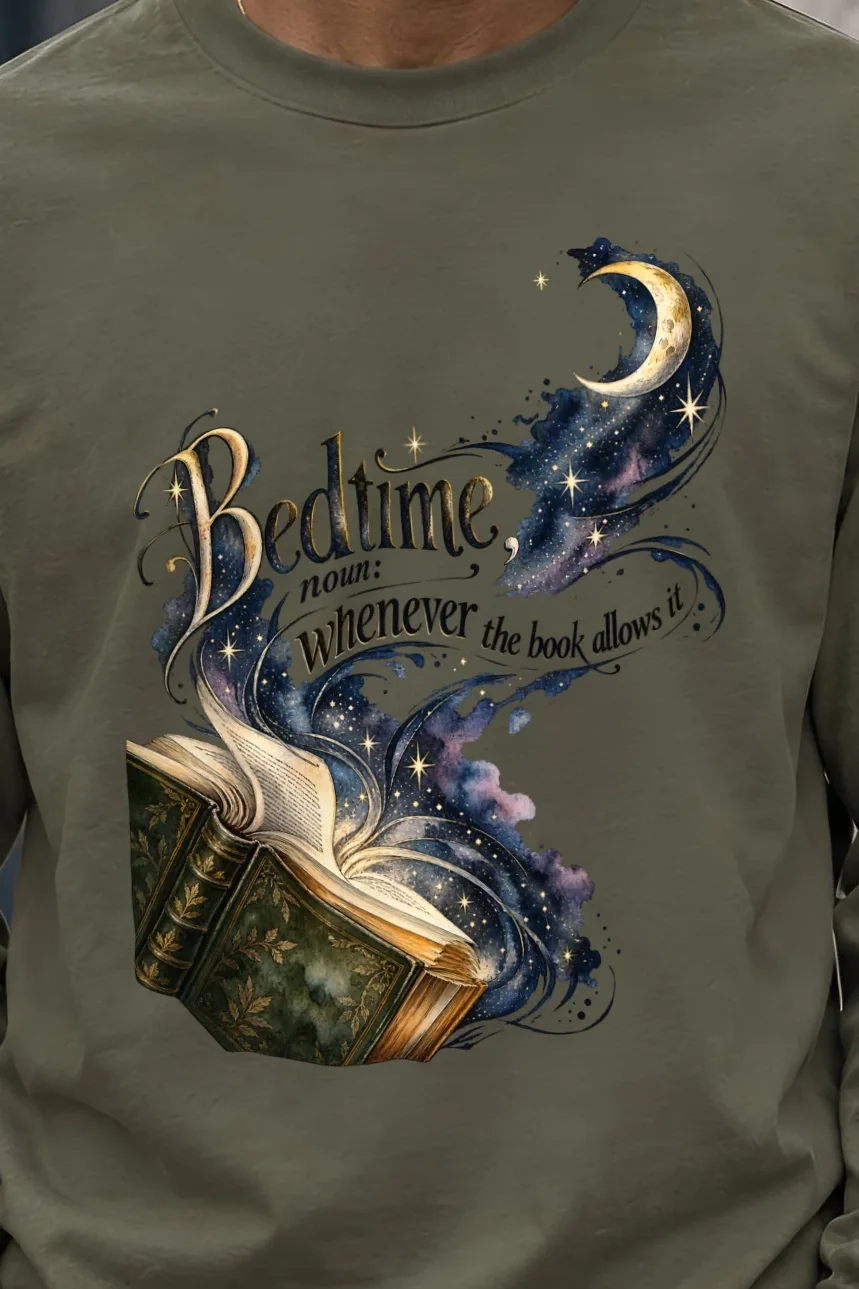 "Bedtime Whenever The Book Allows" Unisex Longsleeve T-shirt - the graphic up close