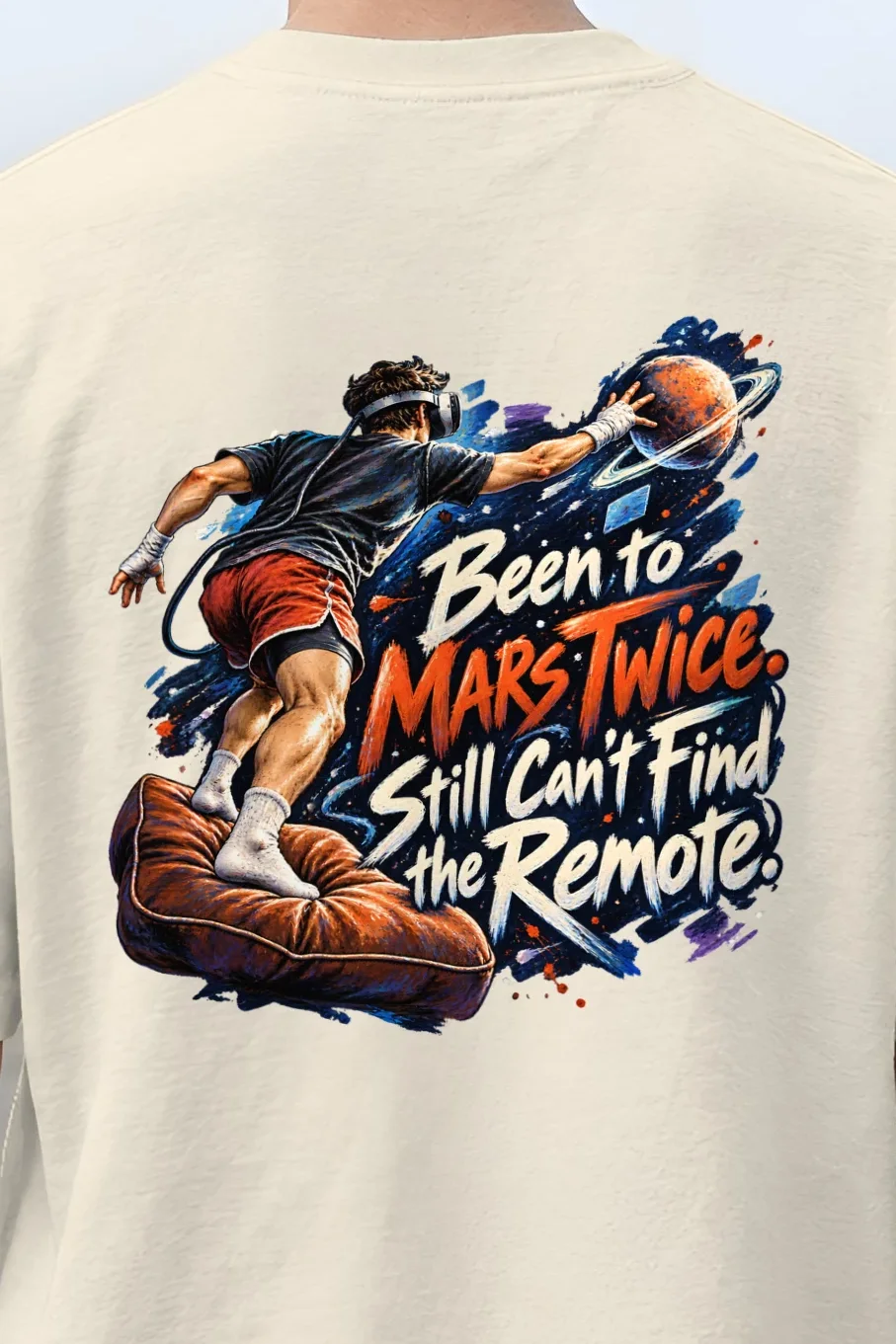 "Been to Mars Twice" Unisex Oversized Heavyweight Crewneck T-Shirt - the graphic up close