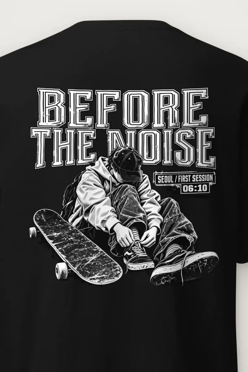 "Before the Noise" Heavyweight Unisex Crewneck T-shirt - the graphic up close