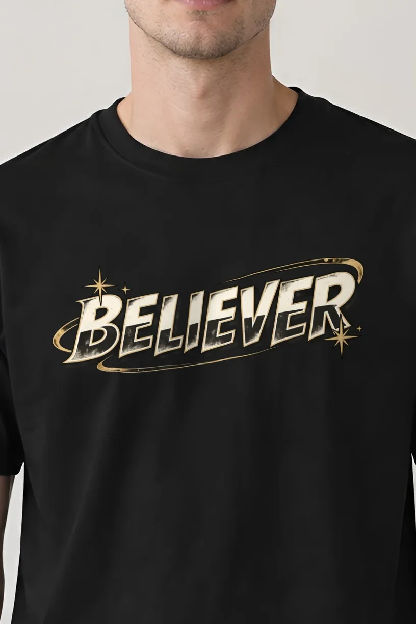 "Believer Starburst" Heavyweight Unisex Crewneck T-shirt - the graphic up close