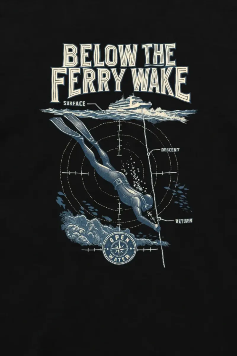 "Below the Ferry Wake" Unisex Longsleeve T-shirt - the graphic up close