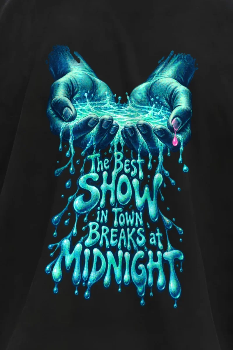"Best Show Breaks at Midnight" Unisex Oversized Heavyweight Crewneck T-Shirt - the graphic up close