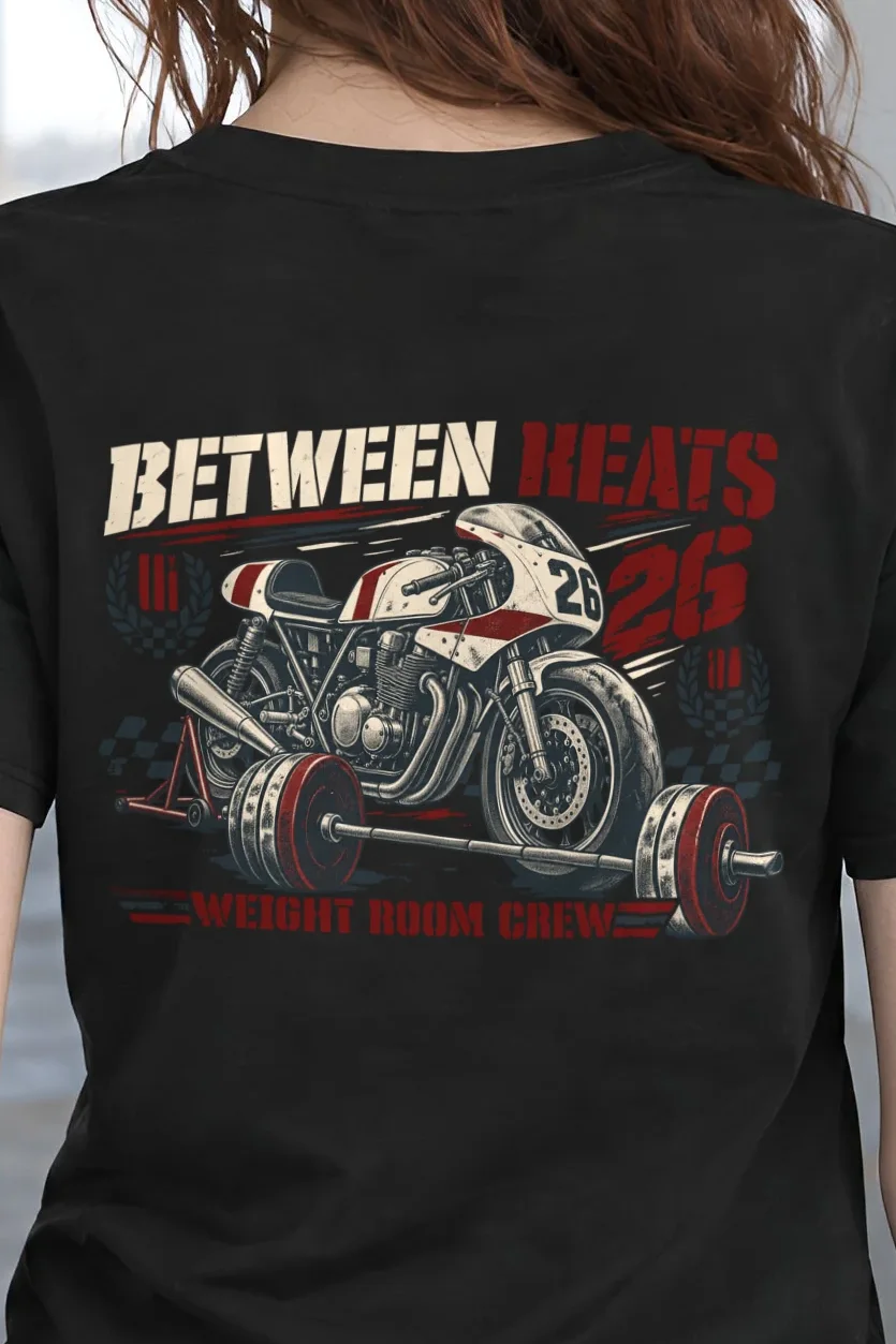 "Between Heats Weight Room Crew" Heavyweight Unisex Crewneck T-shirt - the graphic up close