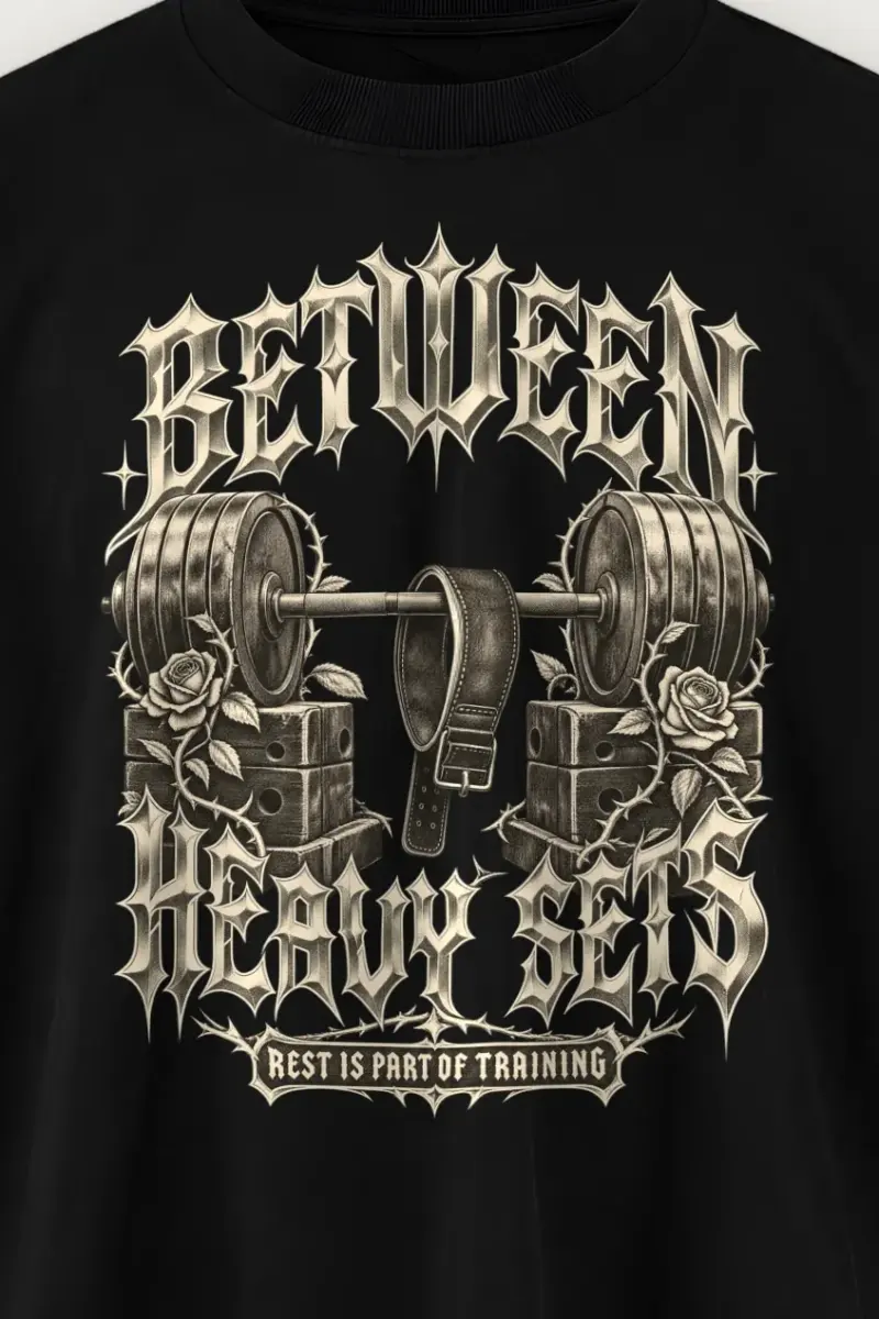 "Between Heavy Sets" Men’s Oversized Heavyweight Crewneck T-Shirt - the graphic up close