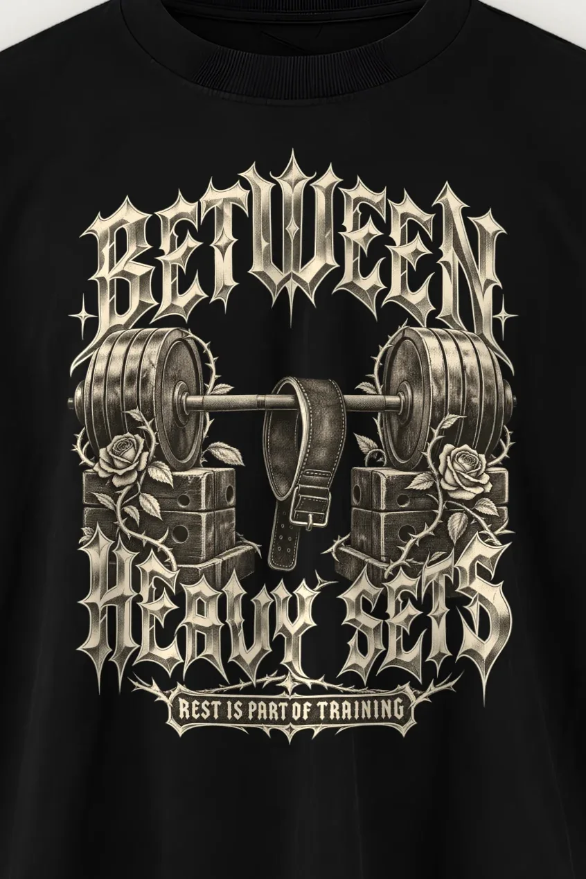 "Between Heavy Sets" Men’s Oversized Heavyweight Crewneck T-Shirt - the graphic up close