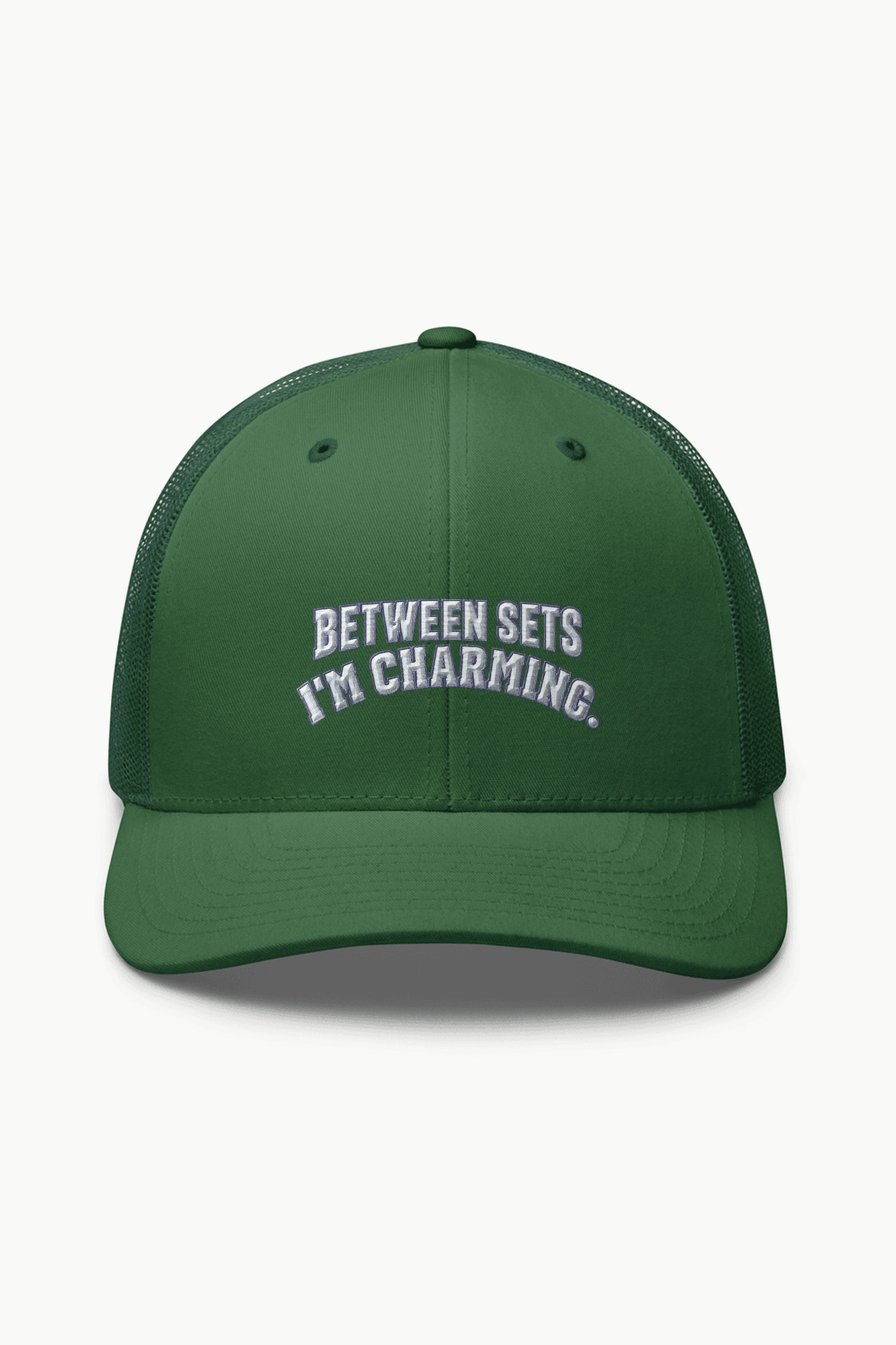 "Between Sets I'm Charming" Retro Trucker Cap · Embroidered