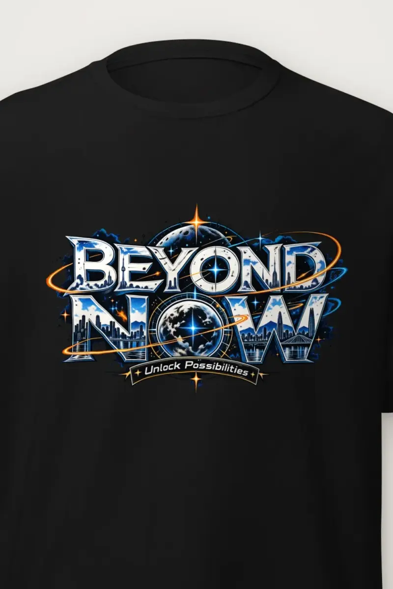 "Beyond Now Skyline Script" Heavyweight Unisex Crewneck T-shirt - the graphic up close