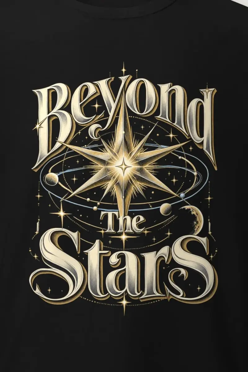 "Beyond The Stars" Heavyweight Unisex Crewneck T-shirt - the graphic up close