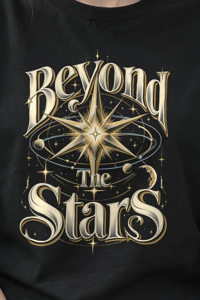 "Beyond The Stars" Heavyweight Unisex Crewneck T-shirt - the graphic up close
