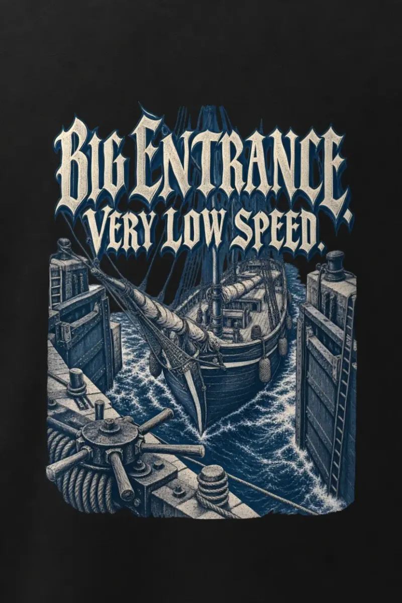 "Big Entrance. Very Low Speed." Men’s Oversized Heavyweight Crewneck T-Shirt - the graphic up close